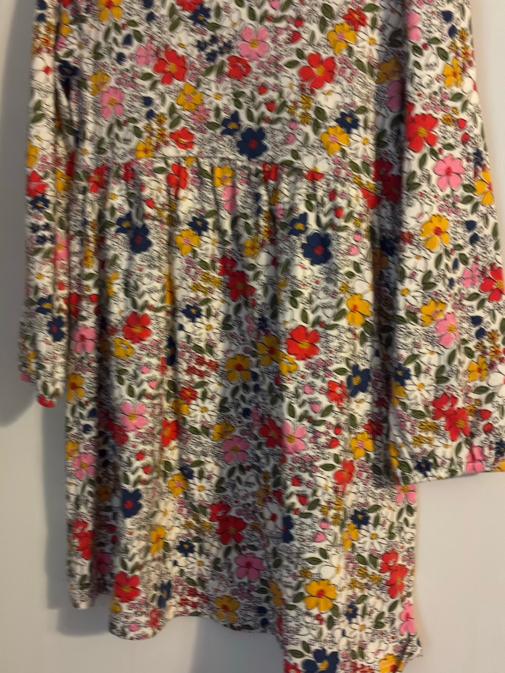 Old Navy White Floral Long-Sleeve Dress with Pink, Red, Yellow & Navy Flowers